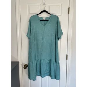 MOVING SALE - a new day Teal Satin Drop Tier Short Sleeve Dress w/ Pockets Sz 2X